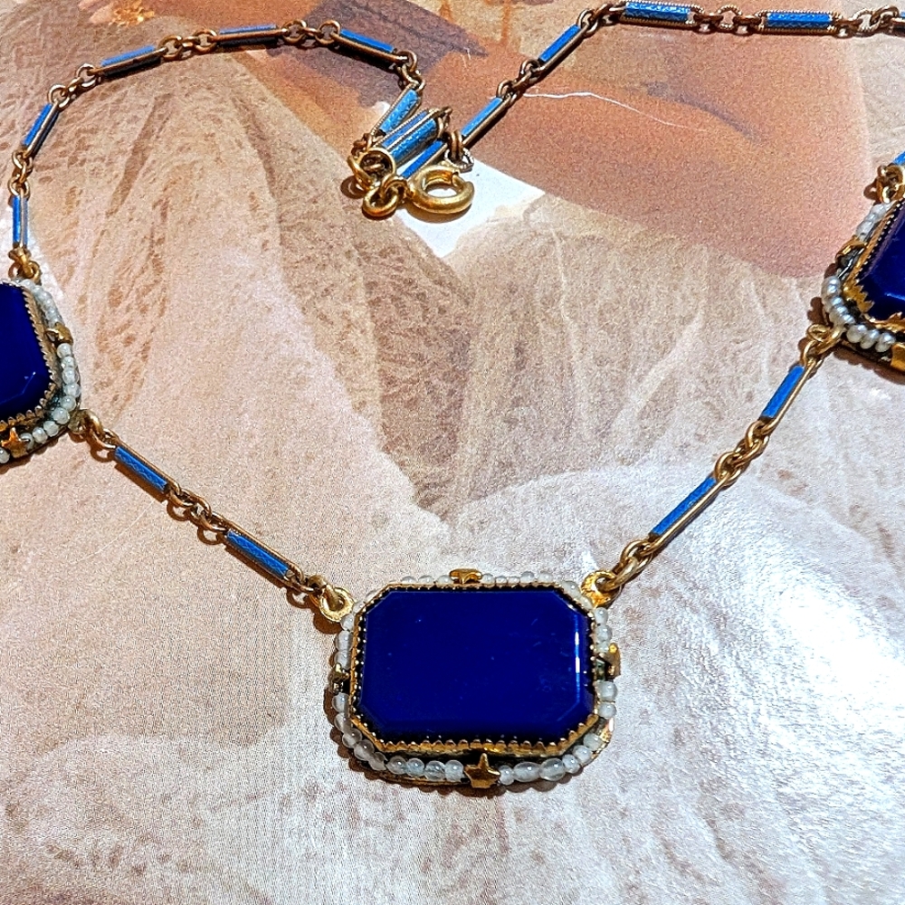 RARE Antique German Lapis Glass Seed Bead Necklace - Picture 2 of 7